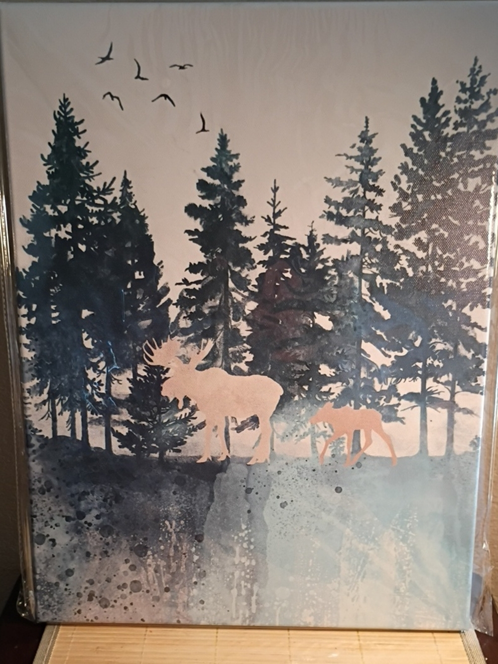 Forest Moose Canvas Wall Art in Blue and Cream
